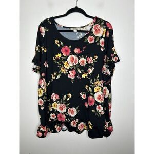 Misia Curvy Women's Black Multicolor Floral Short Sleeve Pullover Top Size 2XL